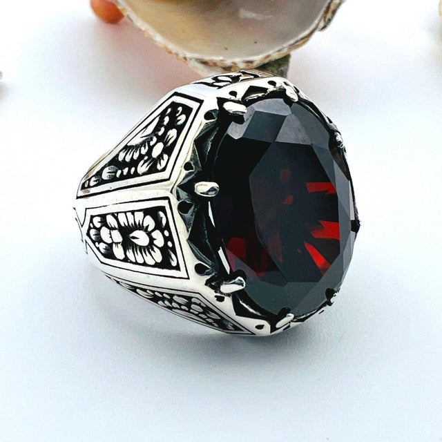 Red Ruby Stone Silver Ring for Men - TryAladdin