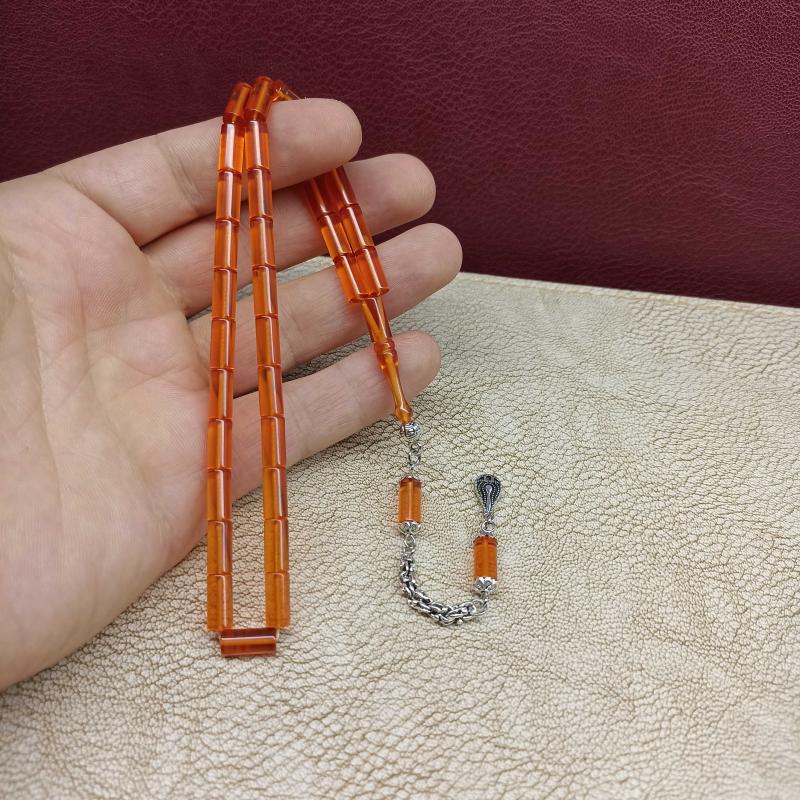 Selderesi | Capsule Cut Fire Amber Tasbih with Silver Plated Tassel - TryAladdin