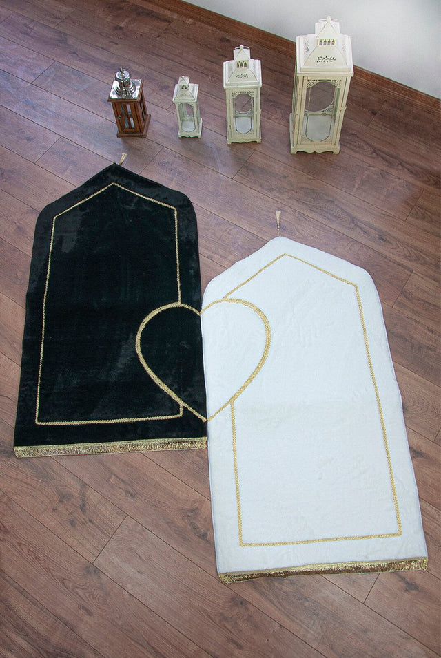 Special for Couples Furry Sponge Soft Textured Heart Plush Prayer Rug Set Black Cream - TryAladdin