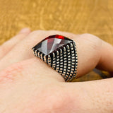 Sterling Silver 925 Handmade Red Zircon Men's Ring - TryAladdin