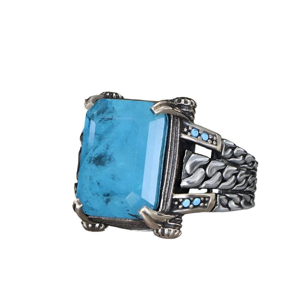 Tesbihevim | Chain Series Men's Silver Ring with Paraiba Stone - TryAladdin