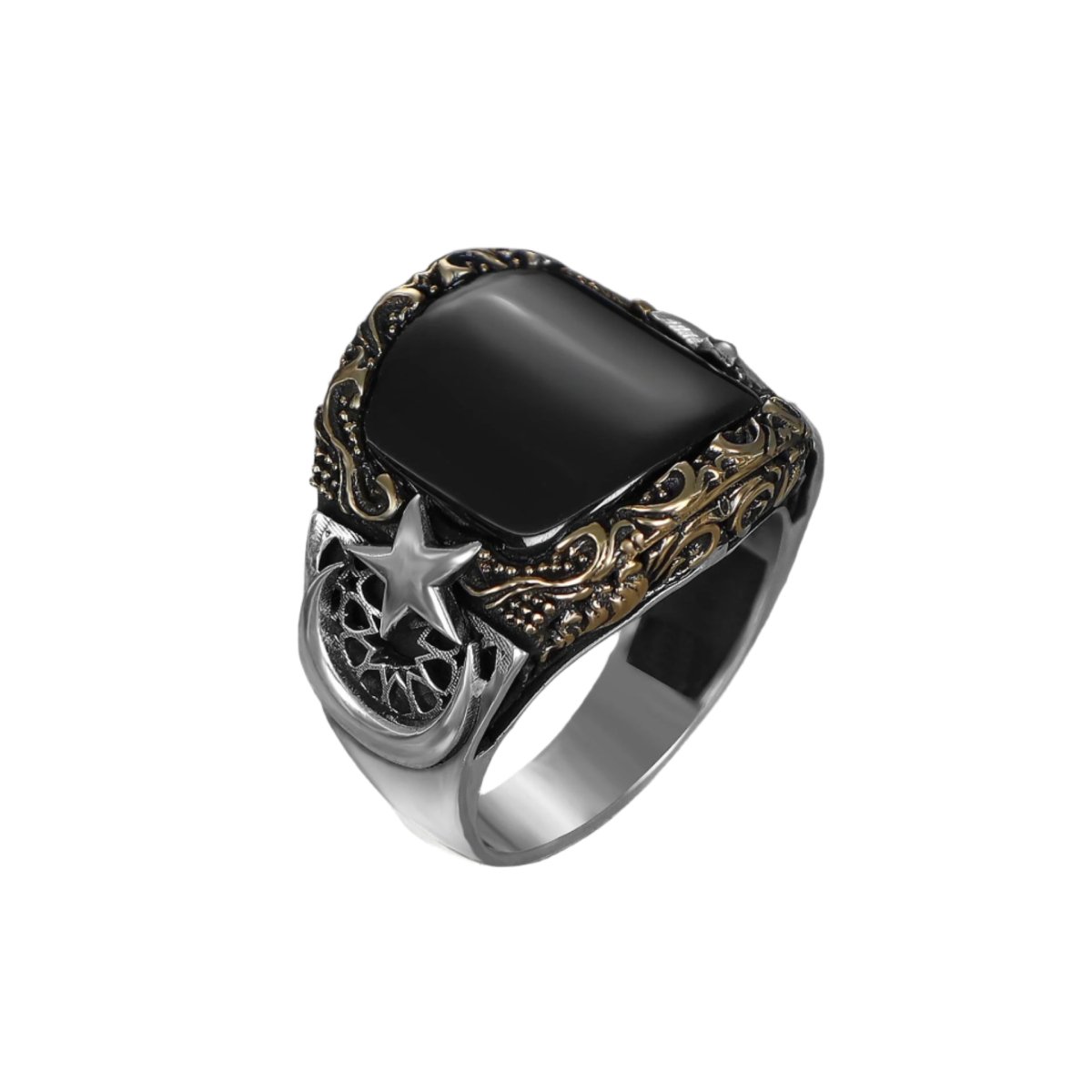 Tesbihevim | Men's Silver Onyx Stone Crescent Model Men's Silver Ring - TryAladdin