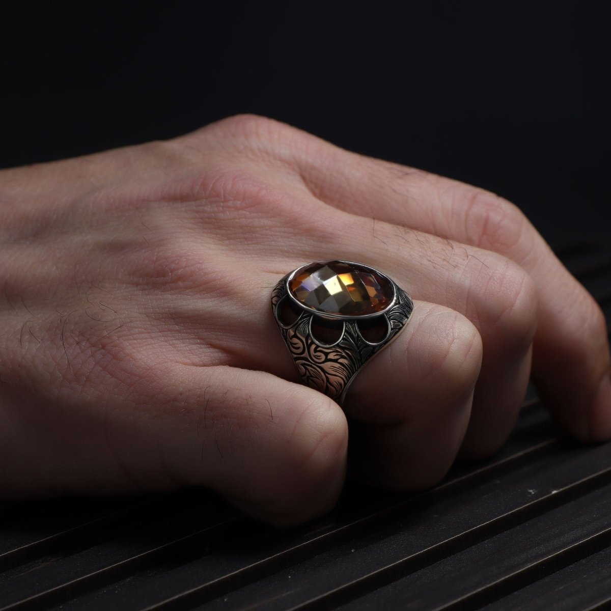 Tesbihevim | Patterned Model Citrine Stone Silver Ring for Men - TryAladdin