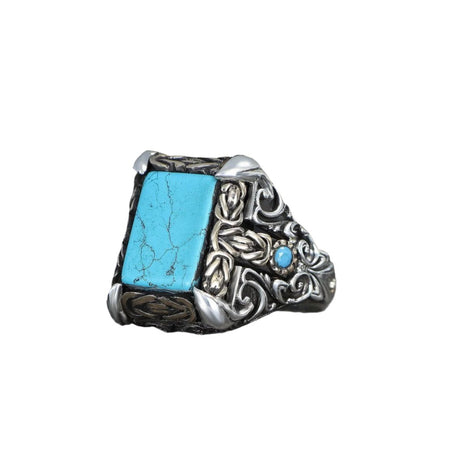 Tesbihevim | Patterned Model Turquoise Stone Silver Ring for Men - TryAladdin