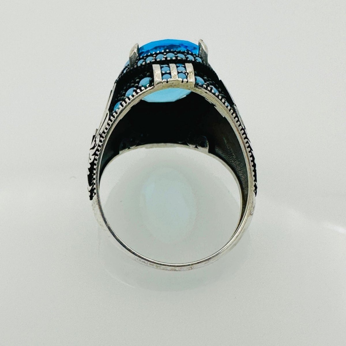 Turkish Handmade Men's Aquamarine Eagle Silver Ring - TryAladdin