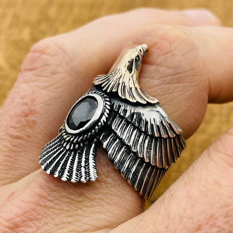 Unisex Adjustable Eagle Silver Ring with Black Onyx Stone - TryAladdin