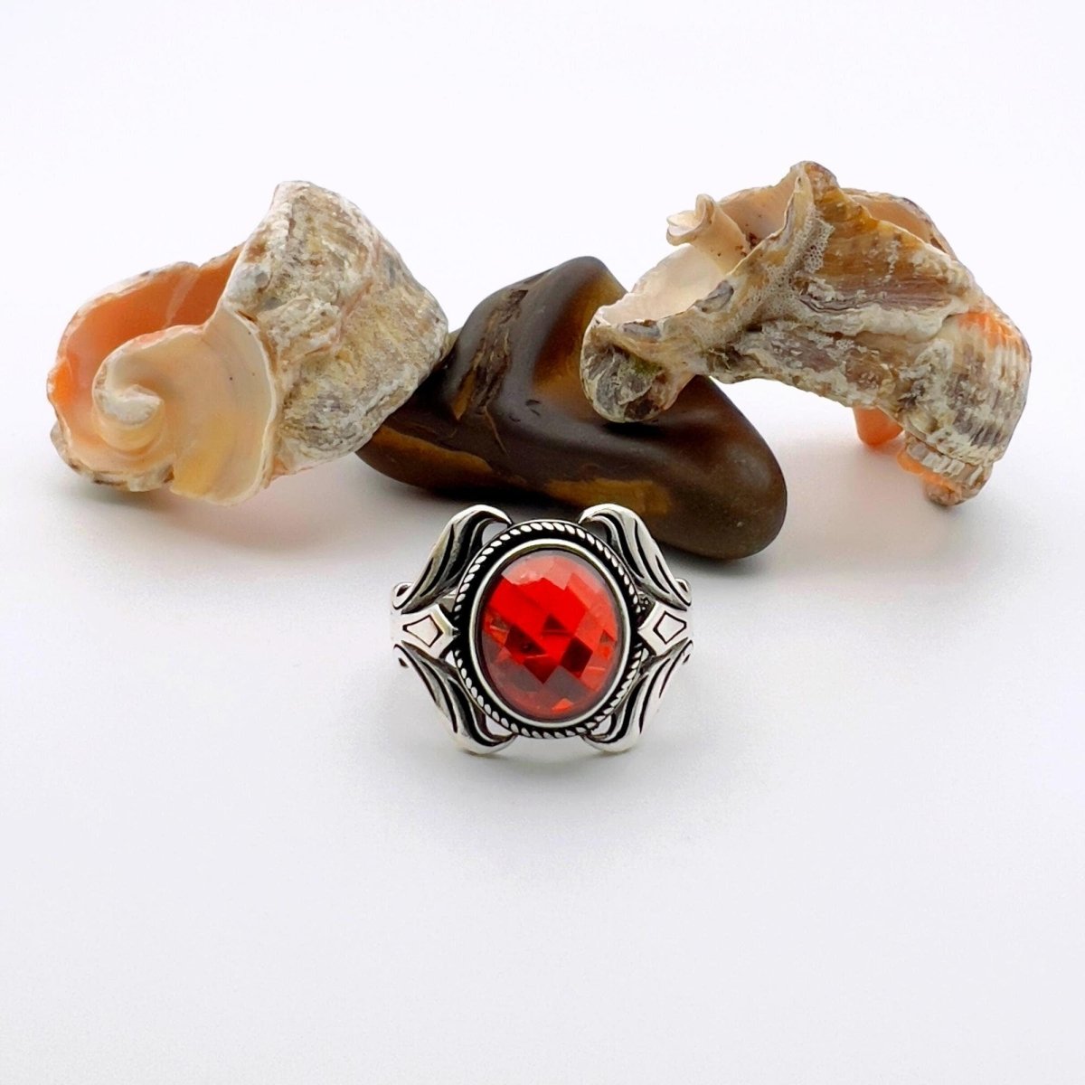 Unisex Red Zircon Stone Silver Ring - TryAladdin