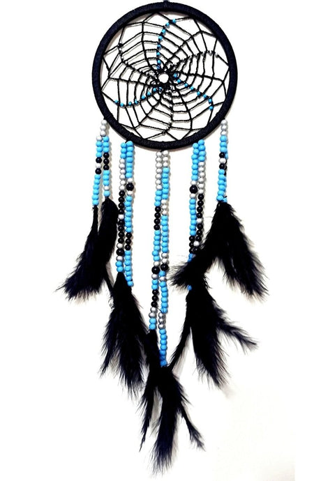 Black and Blue Beaded Bird Furry Black Dream Dream Catcher Wall Ornament - TryAladdin