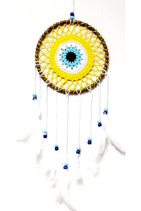 Dream Catcher with Nazar Bead Motif Handmade Yellow Wall Ornament - TryAladdin