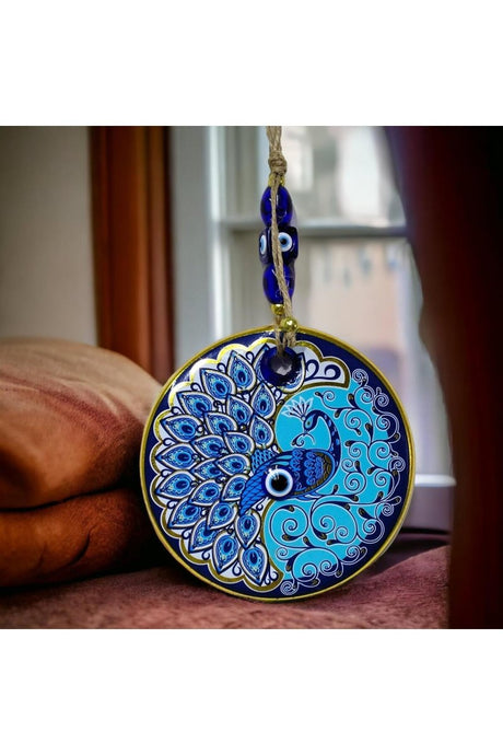 Gilded Nazar Beaded Peacock Glass Wall Ornament - TryAladdin